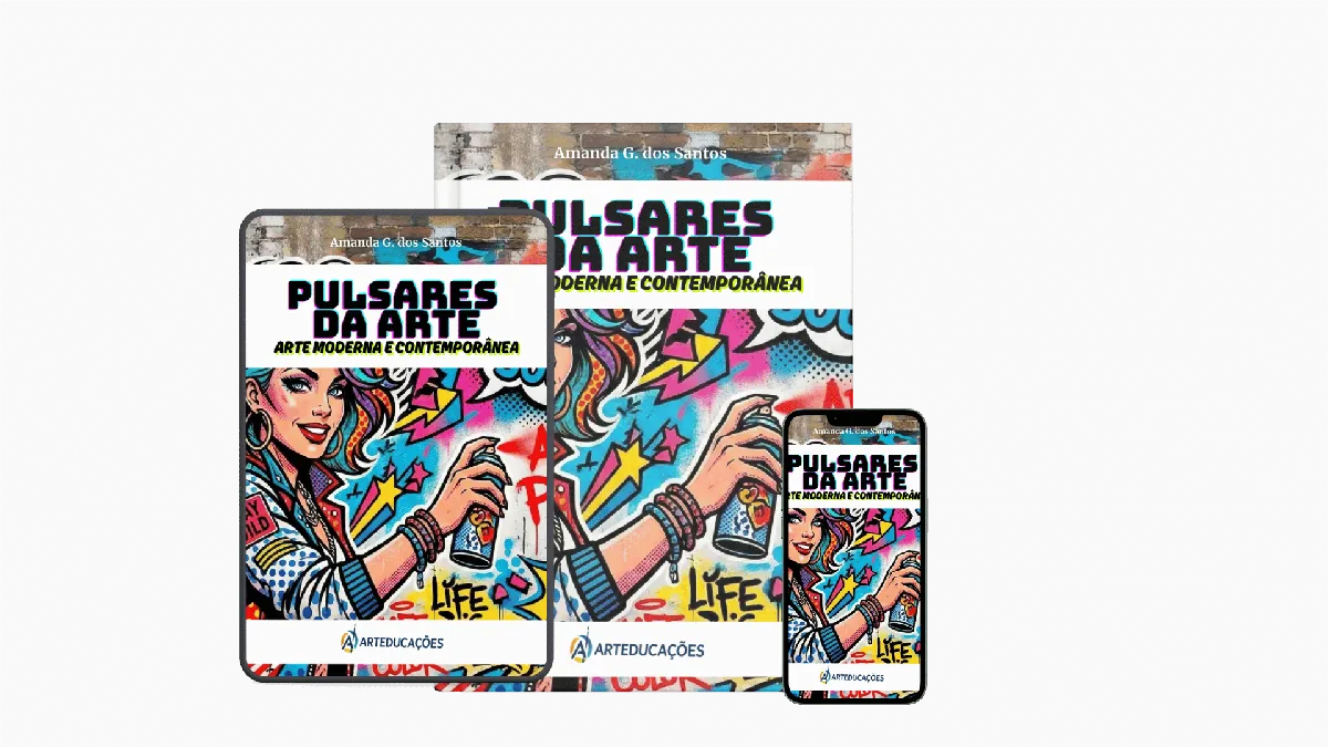Mockup do livro Pulsares da Arte em capa, tablet e celular